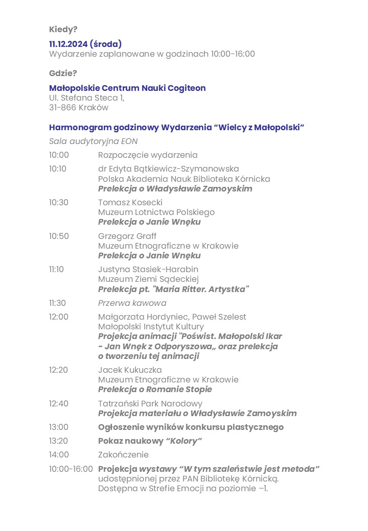 Harmonogram Wydarzenia Wielcy z Małopolski (1)