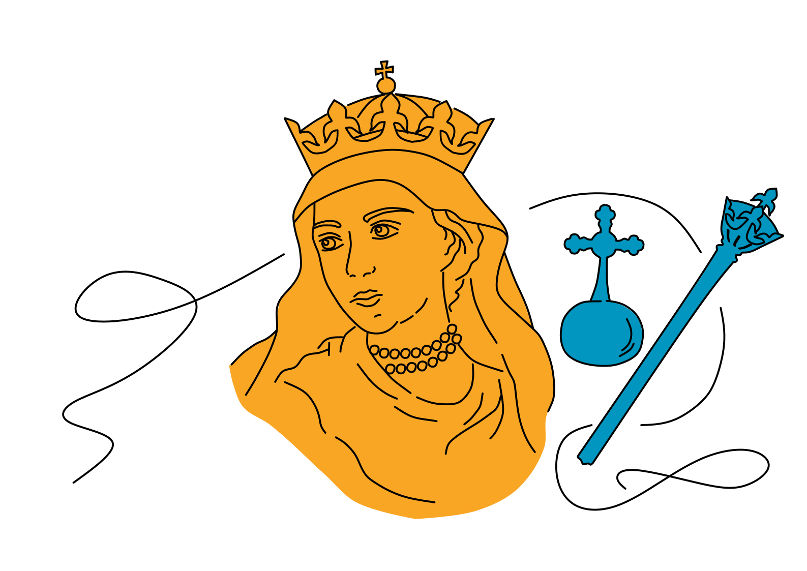 Jadwiga Andegaweńska atrybuty — kolor 2 Jadwiga Andegaweńska wizerunek. Postać kobieca w koronie. W tle insygnia królewskie - berło i jabłko.